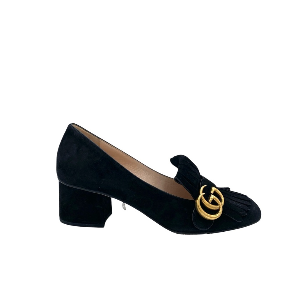 Gucci Black Suede Marmont Fringe Loafers Block Heels